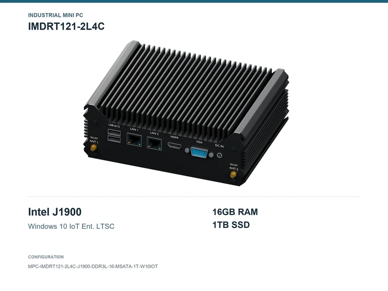 IMDRT121-2L4C Fanless Mini PC - Celeron J1900, 16GB, 1TB mSATA, Windows 10 IoT LTSC