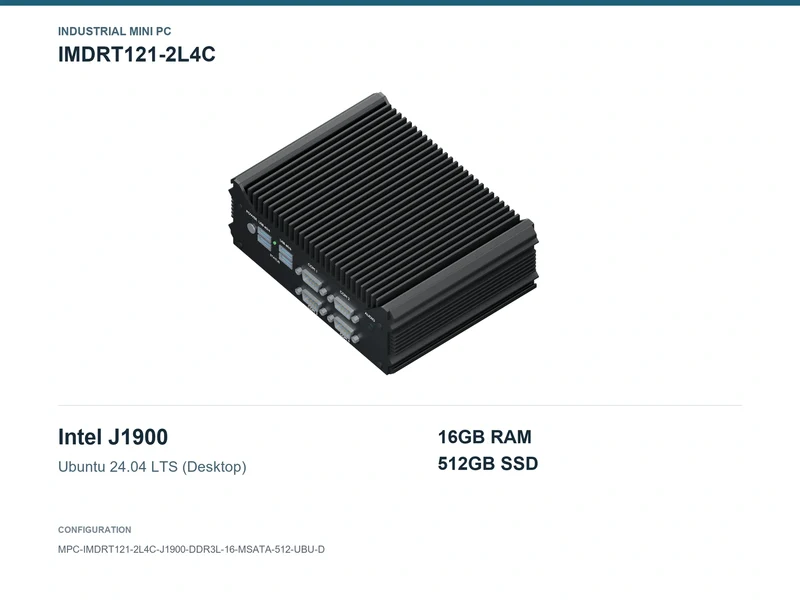 IMDRT121-2L4C Fanless Mini PC - Celeron J1900, 16GB, 512GB mSATA, Ubuntu Desktop