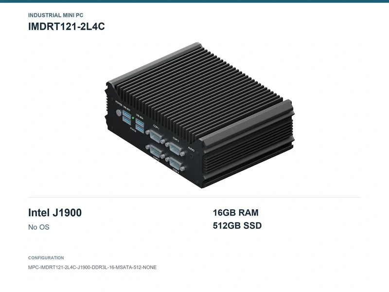 IMDRT121-2L4C Fanless Mini PC - Celeron J1900, 16GB, 512GB mSATA, No OS