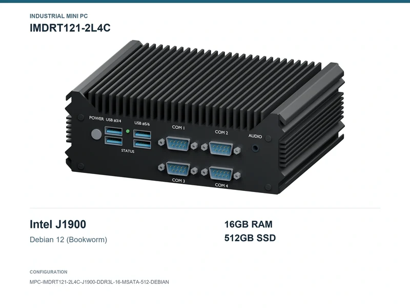 IMDRT121-2L4C Fanless Mini PC - Celeron J1900, 16GB, 512GB mSATA, Debian 12