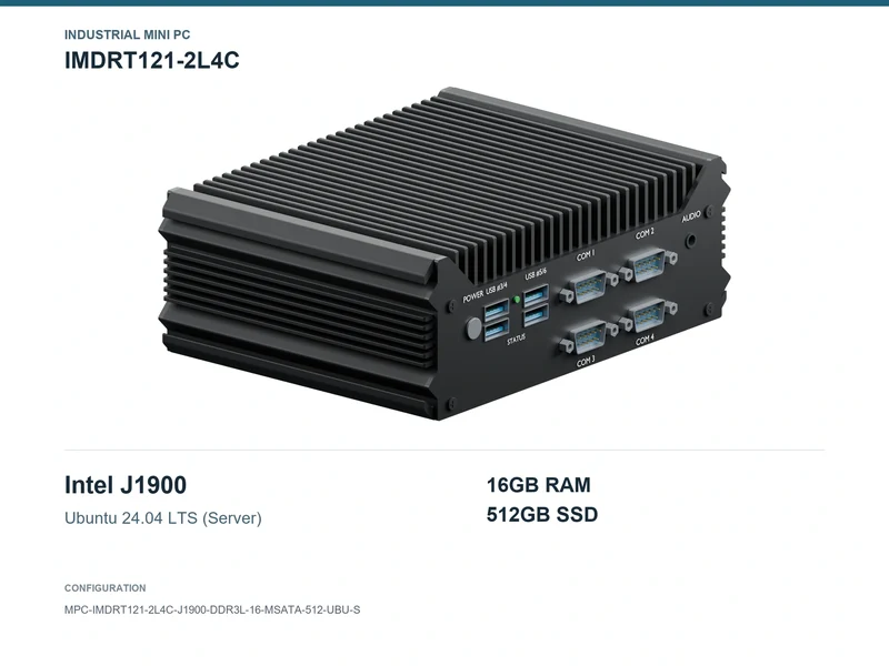 IMDRT121-2L4C Fanless Mini PC - Celeron J1900, 16GB, 512GB mSATA, Ubuntu Server