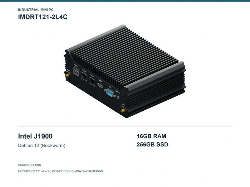 IMDRT121-2L4C Fanless Mini PC - Celeron J1900, 16GB, 256GB mSATA, Debian 12