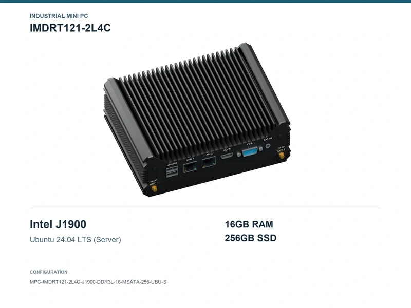 IMDRT121-2L4C Fanless Mini PC - Celeron J1900, 16GB, 256GB mSATA, Ubuntu Server