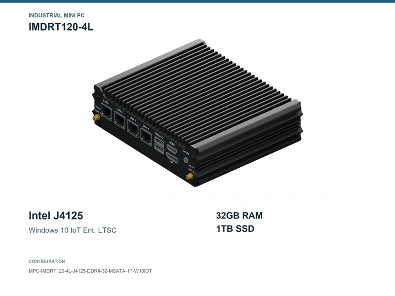 IMDRT120-4L Fanless Mini PC - Celeron J4125, 32GB, 1TB mSATA, Windows 10 IoT LTSC