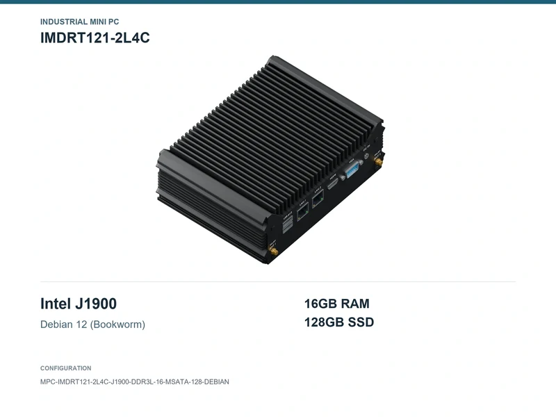 IMDRT121-2L4C Fanless Mini PC - Celeron J1900, 16GB, 128GB mSATA, Debian 12