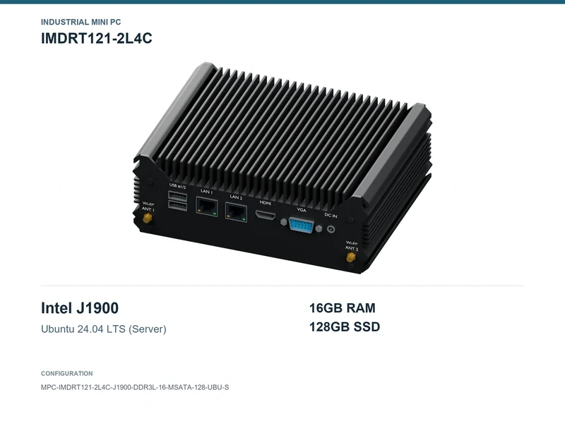 IMDRT121-2L4C Fanless Mini PC - Celeron J1900, 16GB, 128GB mSATA, Ubuntu Server