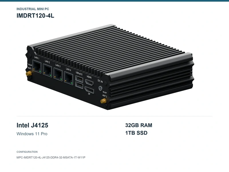 IMDRT120-4L Fanless Mini PC - Celeron J4125, 32GB, 1TB mSATA, Windows 11 Pro