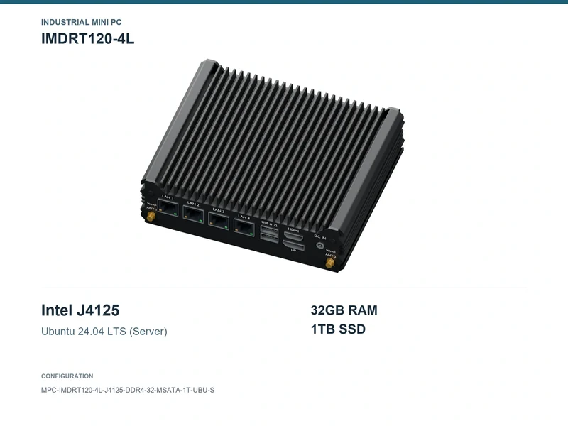 IMDRT120-4L Fanless Mini PC - Celeron J4125, 32GB, 1TB mSATA, Ubuntu Server