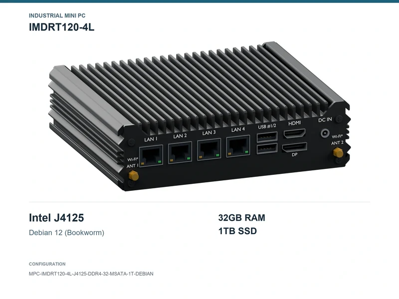 IMDRT120-4L Fanless Mini PC - Celeron J4125, 32GB, 1TB mSATA, Debian 12
