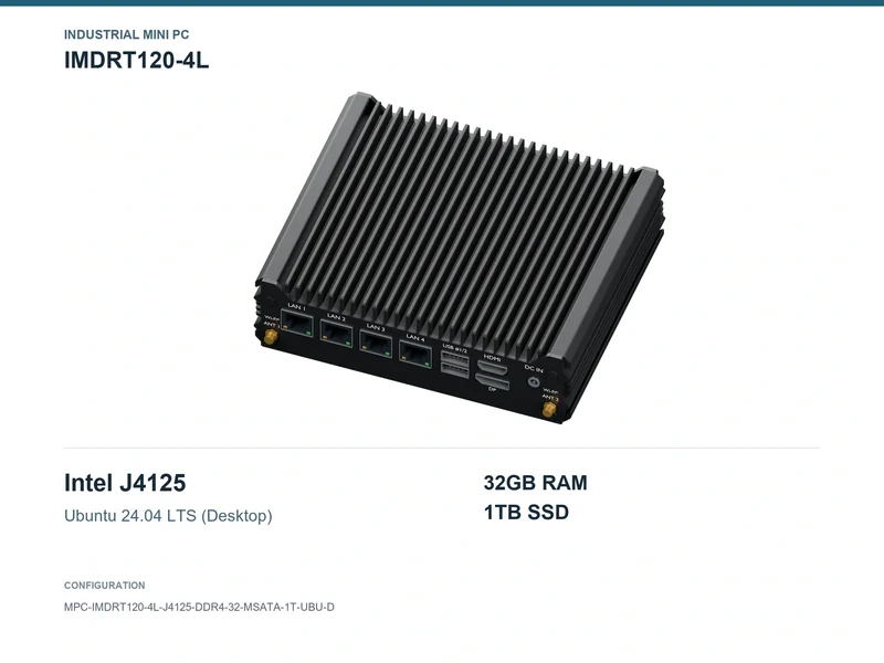 IMDRT120-4L Fanless Mini PC - Celeron J4125, 32GB, 1TB mSATA, Ubuntu Desktop