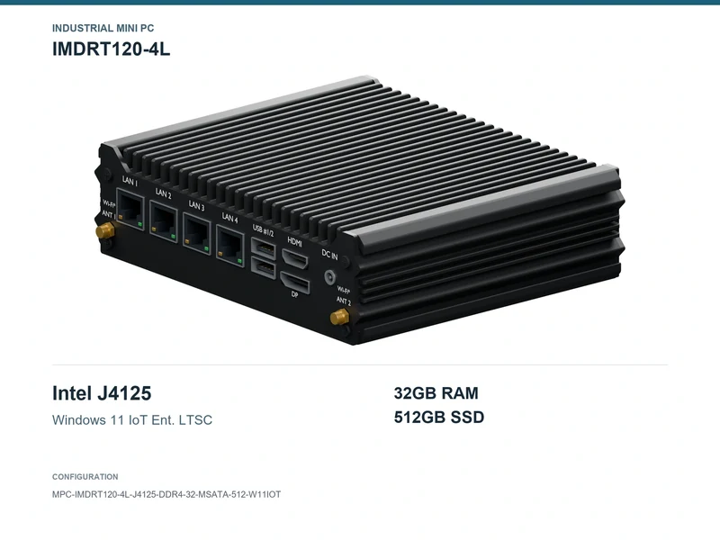 IMDRT120-4L Fanless Mini PC - Celeron J4125, 32GB, 512GB mSATA, Windows 11 IoT LTSC