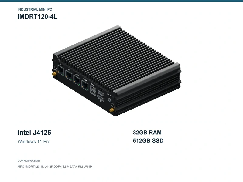 IMDRT120-4L Fanless Mini PC - Celeron J4125, 32GB, 512GB mSATA, Windows 11 Pro