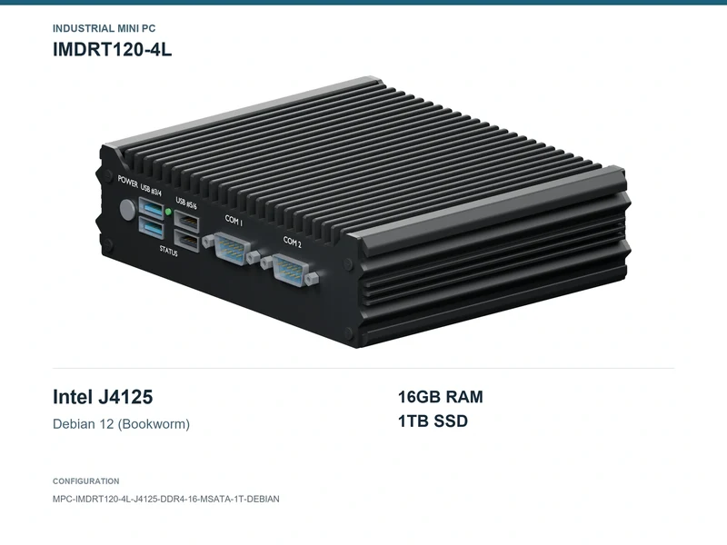 IMDRT120-4L Fanless Mini PC - Celeron J4125, 16GB, 1TB mSATA, Debian 12