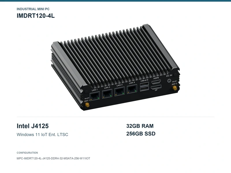 IMDRT120-4L Fanless Mini PC - Celeron J4125, 32GB, 256GB mSATA, Windows 11 IoT LTSC