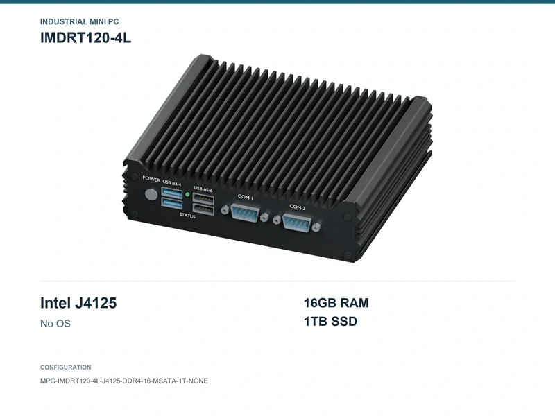 IMDRT120-4L Fanless Mini PC - Celeron J4125, 16GB, 1TB mSATA, No OS