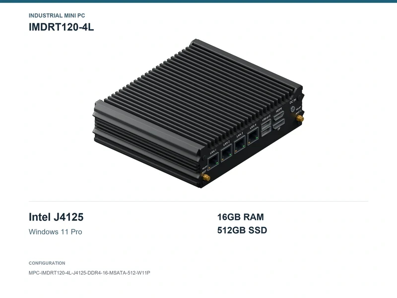 IMDRT120-4L Fanless Mini PC - Celeron J4125, 16GB, 512GB mSATA, Windows 11 Pro