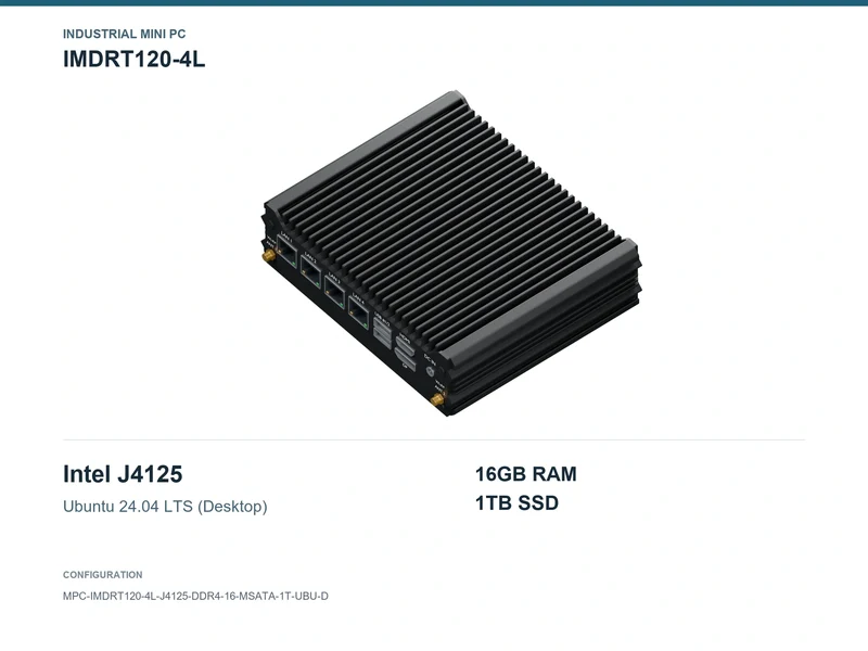 IMDRT120-4L Fanless Mini PC - Celeron J4125, 16GB, 1TB mSATA, Ubuntu Desktop