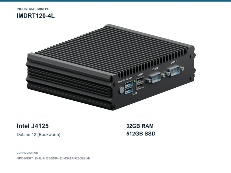 IMDRT120-4L Fanless Mini PC - Celeron J4125, 32GB, 512GB mSATA, Debian 12