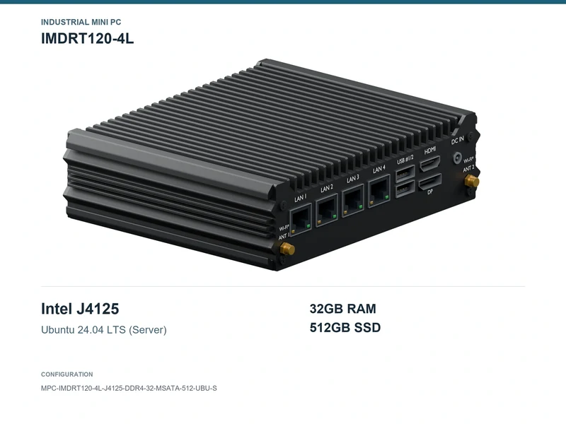 IMDRT120-4L Fanless Mini PC - Celeron J4125, 32GB, 512GB mSATA, Ubuntu Server