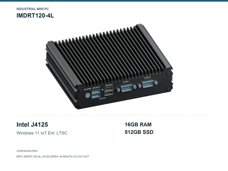 IMDRT120-4L Fanless Mini PC - Celeron J4125, 16GB, 512GB mSATA, Windows 11 IoT LTSC