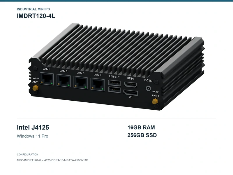 IMDRT120-4L Fanless Mini PC - Celeron J4125, 16GB, 256GB mSATA, Windows 11 Pro