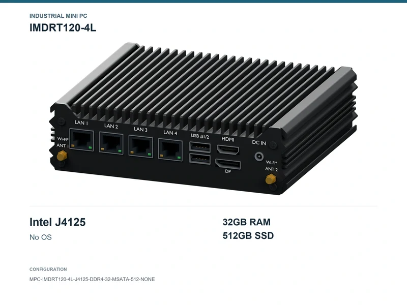 IMDRT120-4L Fanless Mini PC - Celeron J4125, 32GB, 512GB mSATA, No OS