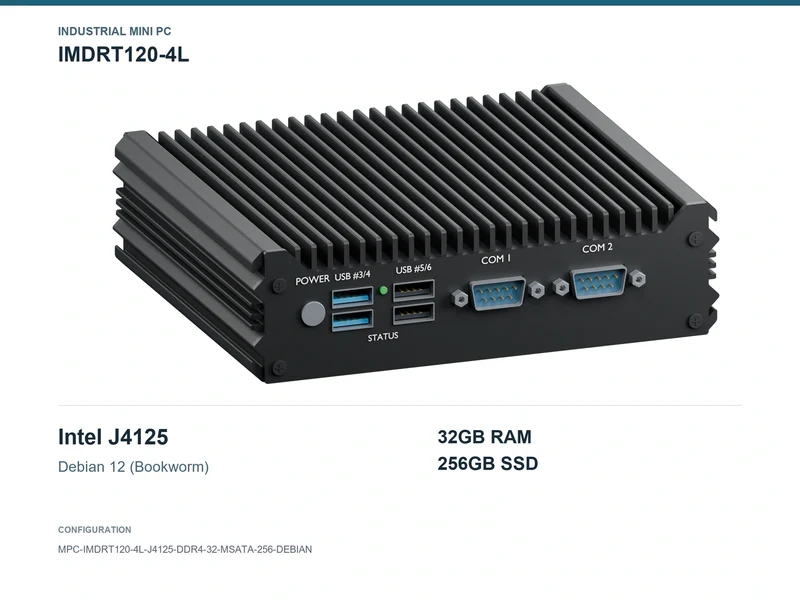 IMDRT120-4L Fanless Mini PC - Celeron J4125, 32GB, 256GB mSATA, Debian 12