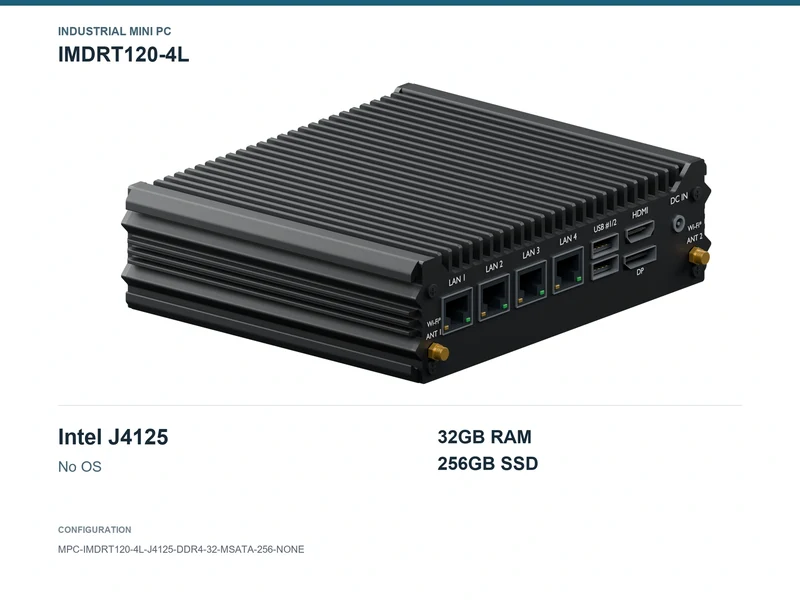 IMDRT120-4L Fanless Mini PC - Celeron J4125, 32GB, 256GB mSATA, No OS