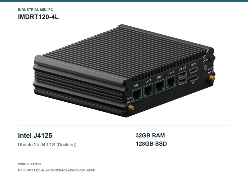 IMDRT120-4L Fanless Mini PC - Celeron J4125, 32GB, 128GB mSATA, Ubuntu Desktop