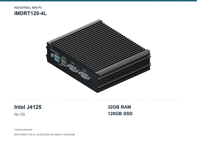 IMDRT120-4L Fanless Mini PC - Celeron J4125, 32GB, 128GB mSATA, No OS