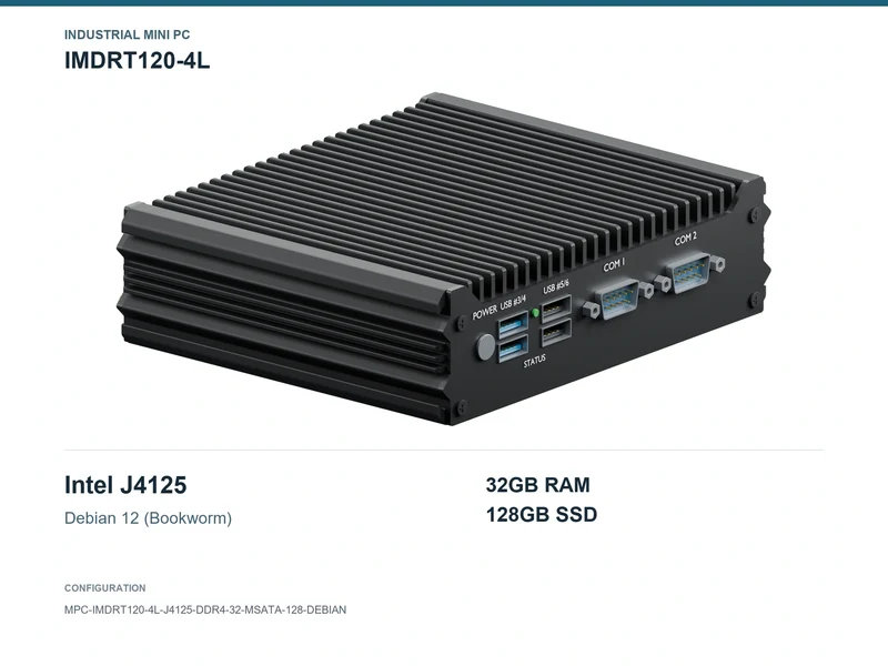IMDRT120-4L Fanless Mini PC - Celeron J4125, 32GB, 128GB mSATA, Debian 12