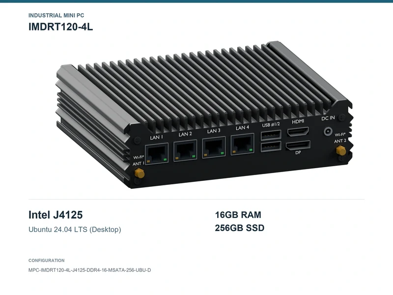 IMDRT120-4L Fanless Mini PC - Celeron J4125, 16GB, 256GB mSATA, Ubuntu Desktop