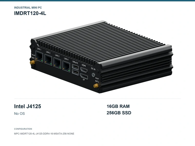 IMDRT120-4L Fanless Mini PC - Celeron J4125, 16GB, 256GB mSATA, No OS