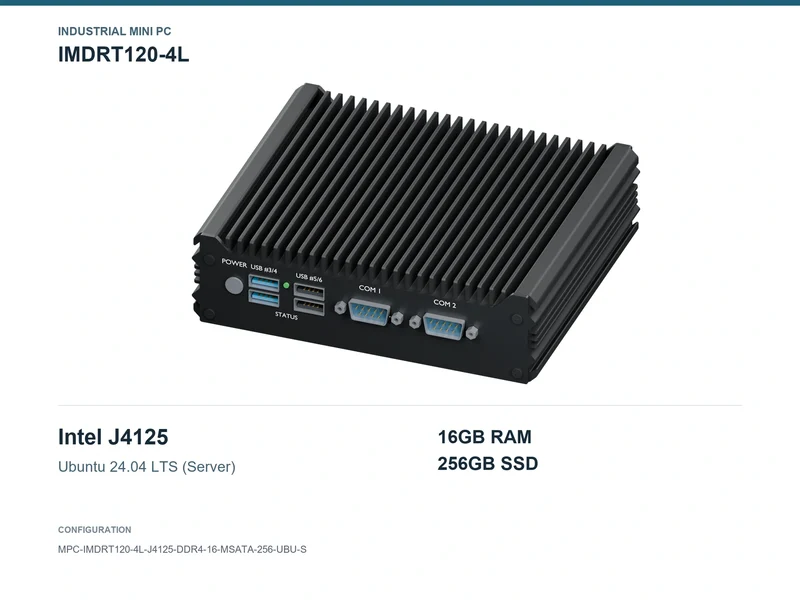 IMDRT120-4L Fanless Mini PC - Celeron J4125, 16GB, 256GB mSATA, Ubuntu Server