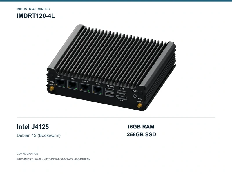 IMDRT120-4L Fanless Mini PC - Celeron J4125, 16GB, 256GB mSATA, Debian 12