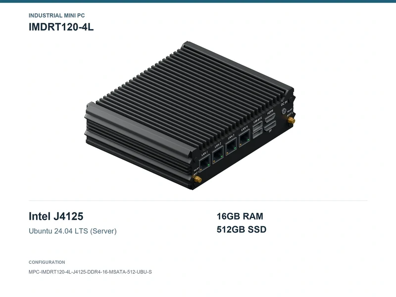 IMDRT120-4L Fanless Mini PC - Celeron J4125, 16GB, 512GB mSATA, Ubuntu Server