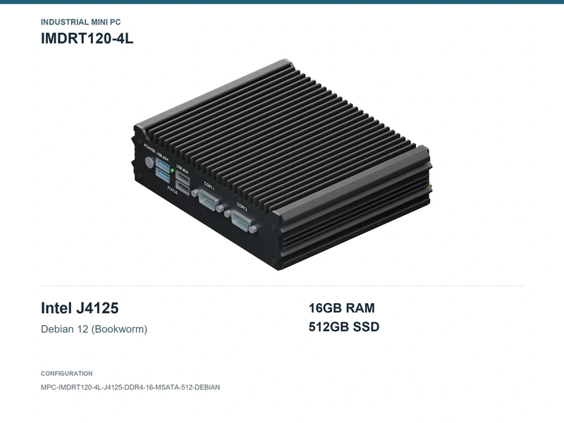 IMDRT120-4L Fanless Mini PC - Celeron J4125, 16GB, 512GB mSATA, Debian 12