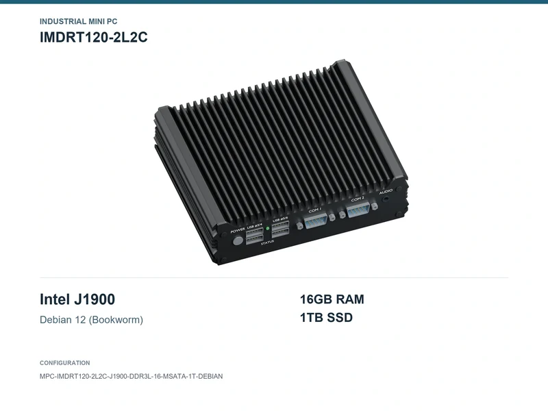 IMDRT120-2L2C Fanless Mini PC - Celeron J1900, 16GB, 1TB mSATA, Debian 12