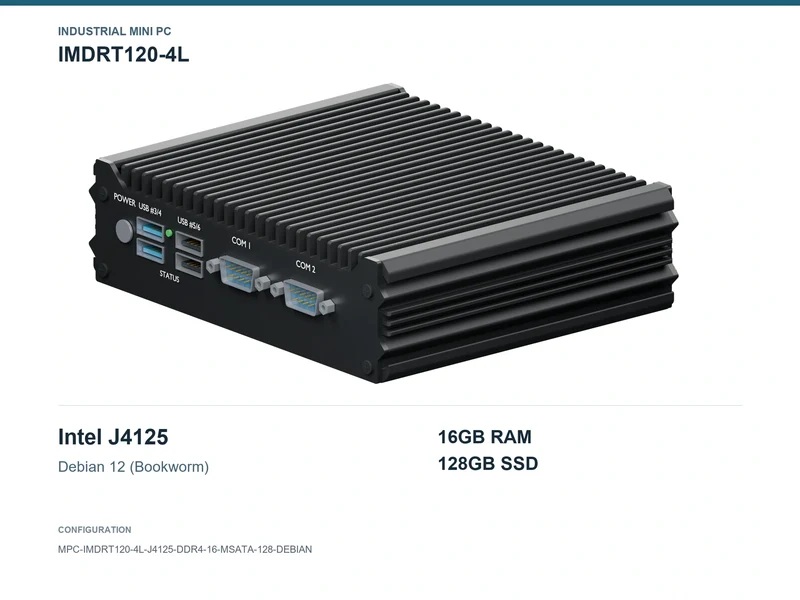 IMDRT120-4L Fanless Mini PC - Celeron J4125, 16GB, 128GB mSATA, Debian 12