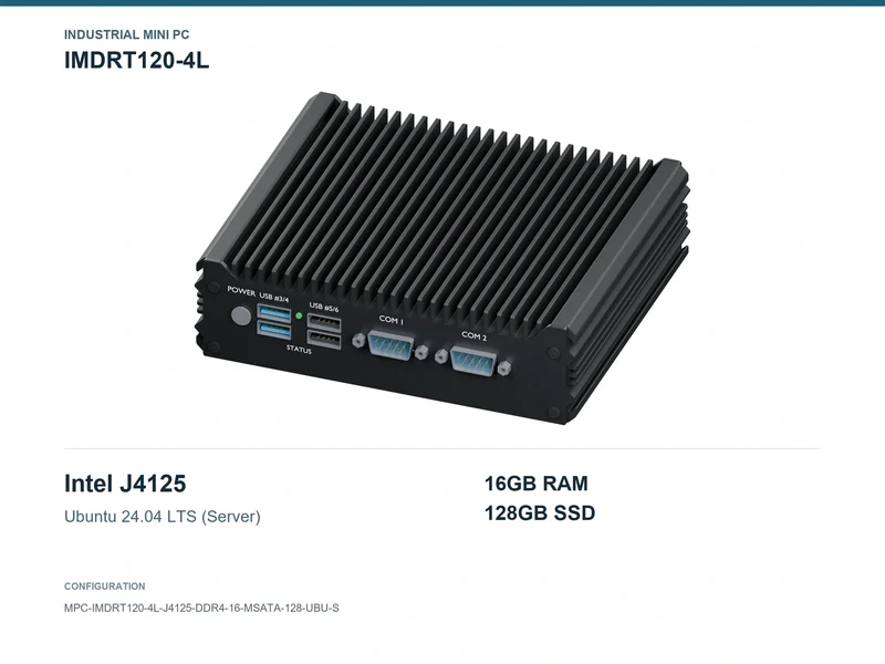 IMDRT120-4L Fanless Mini PC - Celeron J4125, 16GB, 128GB mSATA, Ubuntu Server