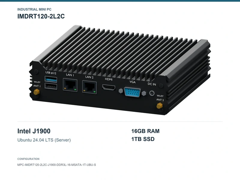 IMDRT120-2L2C Fanless Mini PC - Celeron J1900, 16GB, 1TB mSATA, Ubuntu Server