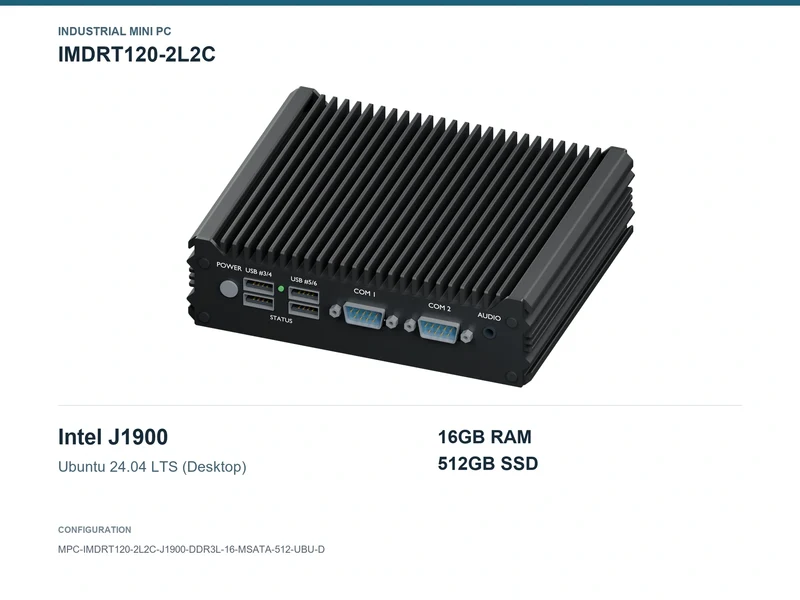 IMDRT120-2L2C Fanless Mini PC - Celeron J1900, 16GB, 512GB mSATA, Ubuntu Desktop