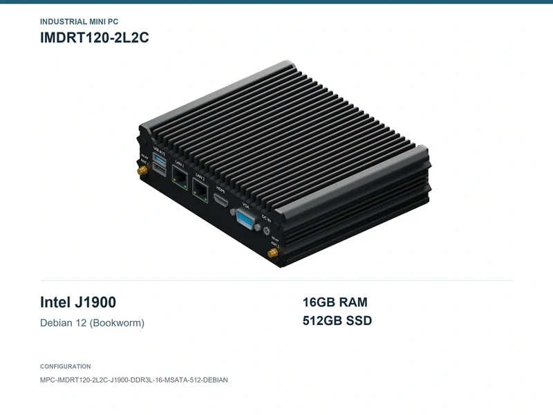 IMDRT120-2L2C Fanless Mini PC - Celeron J1900, 16GB, 512GB mSATA, Debian 12