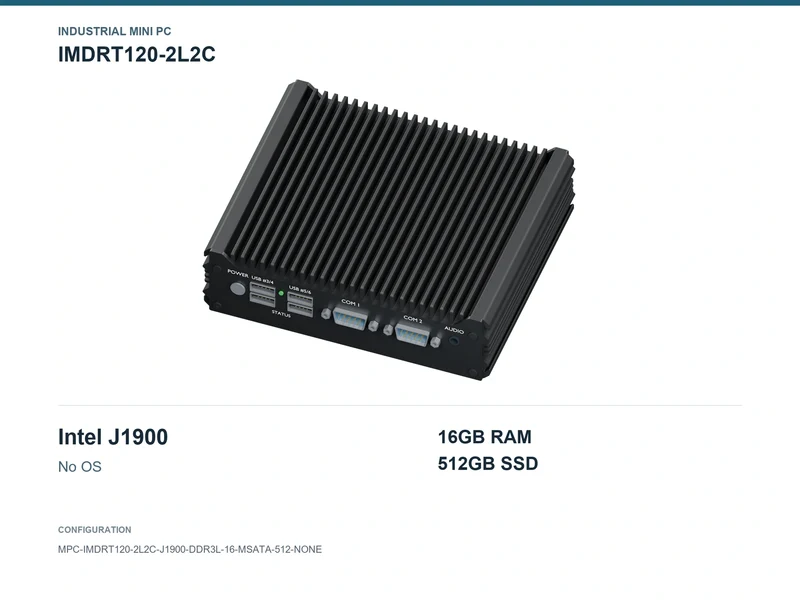 IMDRT120-2L2C Fanless Mini PC - Celeron J1900, 16GB, 512GB mSATA, No OS