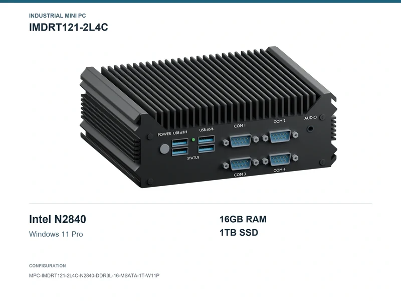 IMDRT121-2L4C Fanless Mini PC - Celeron N2840, 16GB, 1TB mSATA, Windows 11 Pro