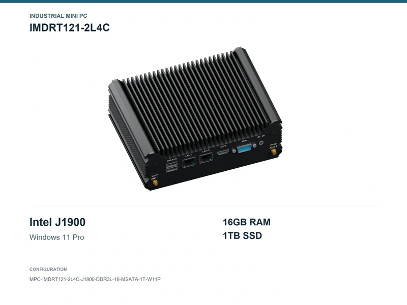 IMDRT121-2L4C Fanless Mini PC - Celeron J1900, 16GB, 1TB mSATA, Windows 11 Pro