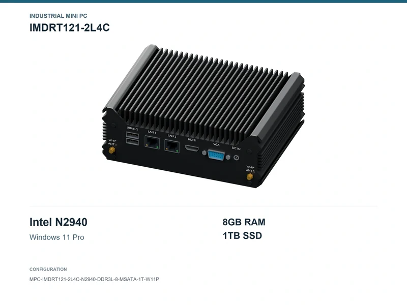 IMDRT121-2L4C Fanless Mini PC - Celeron N2940, 8GB, 1TB mSATA, Windows 11 Pro
