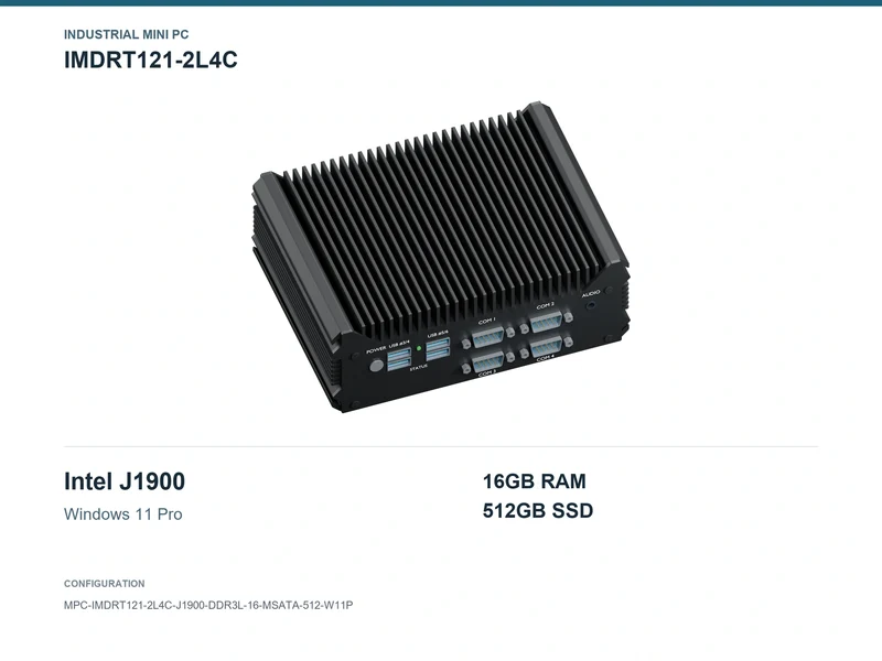 IMDRT121-2L4C Fanless Mini PC - Celeron J1900, 16GB, 512GB mSATA, Windows 11 Pro