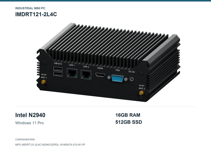 IMDRT121-2L4C Fanless Mini PC - Celeron N2940, 16GB, 512GB mSATA, Windows 11 Pro