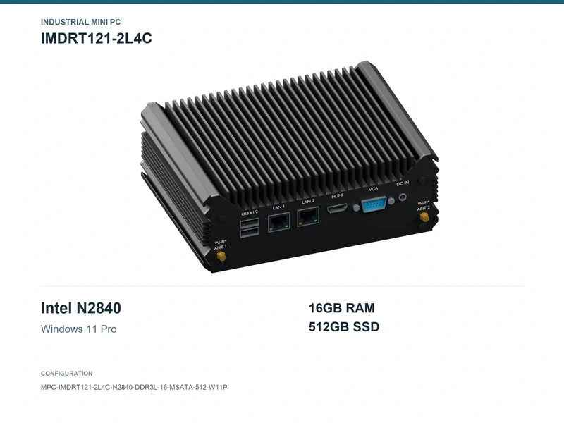 IMDRT121-2L4C Fanless Mini PC - Celeron N2840, 16GB, 512GB mSATA, Windows 11 Pro